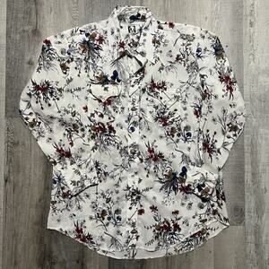 VTG Karman Western Shirt White Floral Print Rockabilly Disco Pearl Snap Shirt L